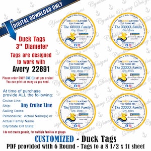 Duck Tags 3 Inch Round | Personalized w/YOUR Information| Not an Instant Download | Any Cruise Line
