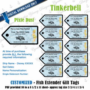 Peut inclure: Étiquettes-cadeaux Fish Extender personnalisées avec un design d'étiquette bleu clair et une bordure noire. Chaque étiquette comprend un graphisme de Clochette, le texte "You've been Pixie Dusted!" et un espace pour la personnalisation. Les étiquettes mesurent environ 9.5 x 4.4 cm.