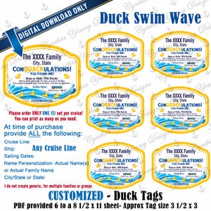 Op de afbeelding: Aangepaste eendenlabels met een geel en blauw ontwerp. Elke label bevat de tekst "The XXXX Family" en "CONQUACKULATIONS!" met ruimte voor personalisatie. De PDF bevat zes labels per vel.