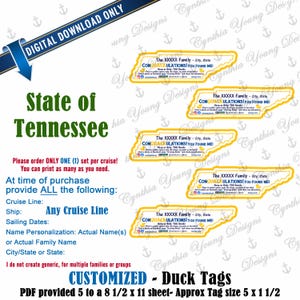 Op de afbeelding: Een digitaal downloadblad met vijf aanpasbare, Tennessee-vormige eend-labels. Elk label bevat de tekst 'The XXXXX Family', 'CONQUACKULATIONS! YOU FOUND ME!' en instructies voor het delen op sociale media met kleine gele eend-pictogrammen.