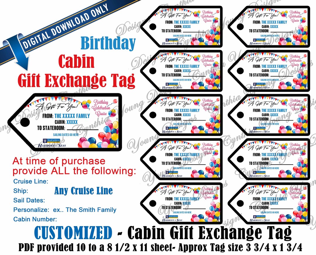 Cabin Gift Exchange Tags Personalized W/your Personal Information Birthday Celebration Cruise