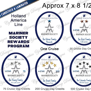 May include: Laminated cardstock featuring Holland America Line Mariner Society Rewards Program badges. Each badge is a navy blue circle with stars indicating cruise day credits, ranging from 30 to 500. The text "Approx 7 x 8 1/2" is also visible.