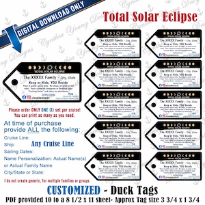 Op de afbeelding: Digitale download van aangepaste eendenlabels. De zwarte labels met witte tekst bevatten de woorden "Total Solar Eclipse" en ruimte voor personalisatie. Elk label is ongeveer 9.5 x 4.4 cm groot.