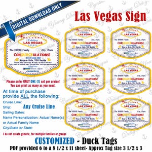Etiquetas con forma de pato para letreros de Las Vegas, Nevada. Personalizadas con su información personal. RCL, NCL, Princess Celebrity (cualquier línea de cruceros). No se descargan al instante.