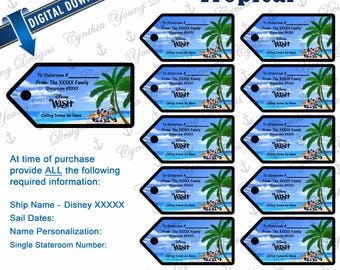 May include: Digital download of customized fish extender gift tags. Each tag features a tropical scene with palm trees, ocean, and Disney characters. The tags are designed with space for personalization and include the text "Disney Wish".