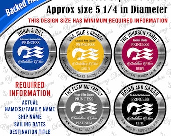 May include: Five circular magnets with metallic silver borders, each featuring a central colored circle displaying the Princess Medallion Class logo, custom names, ship names, sailing dates, and destination titles, measuring 5 1/4 inches in diameter.