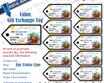 Puede incluir: Descarga digital de etiquetas de regalo de cabina personalizables. Cada etiqueta presenta una escena de playa tropical con una maleta, palmeras y el texto "A Gift For You!". Las etiquetas son para cruceros.