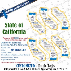 Op de afbeelding: Een digitaal downloadblad met zes in Californië gevormde cruise-eendlabels met gele randen. Elk label bevat ruimte voor familienamen, stad, staat en cruisedetails, samen met de tekst Oh, What Luck! You've Found A Cruising Duck!