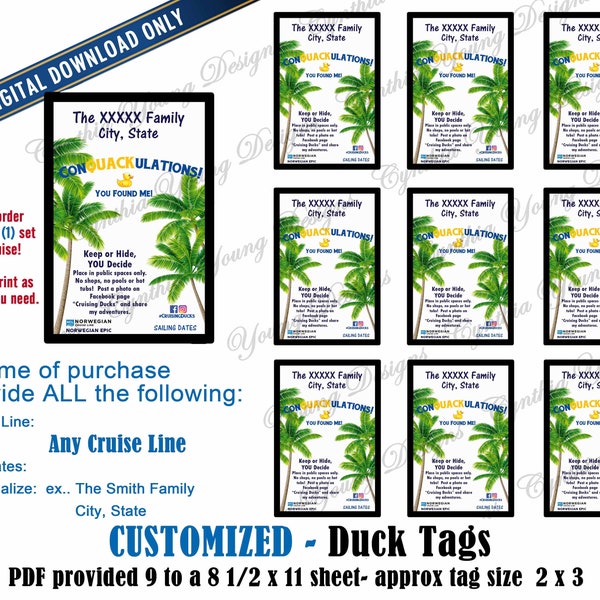 Tropical Themed Duck Tags| Customized With YOUR Personal Info| Not an Instant Download | RCL NCL Princess Celebrity (Any Cruise Line)