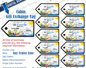 Puede incluir: Descarga digital de etiquetas de intercambio de regalos de cabina personalizadas. Cada etiqueta presenta un diseño tropical con un sol, elementos de playa y el texto "A Gift For You!". Las etiquetas miden aproximadamente 9,5 x 4,4 cm.