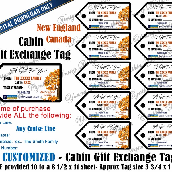 Cabin Gift Exchange Tags| New England/Canada Fall Themed | Personalized w/YOUR Personal Information|ANY Cruise Line |Not an Instant Download