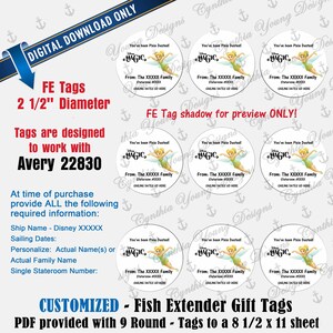 May include: A digital sheet of nine round 2 1/2 inch diameter gift tags featuring a Tinker Bell illustration, the text Disney MAGIC, You've been Pixie Dusted!, From: The XXXXX Family, Stateroom #XXXX, and SAILING DATES GO HERE, designed for Avery 22830.