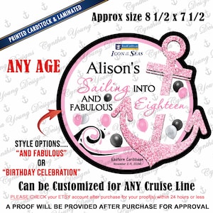 Cruise Door Magnet | Birthday Anchor Cruise Magnet | Sailing into Fifty (Any Age) and Fabulous OR Birthday Celebration | Pink and Black