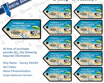 May include: Customized fish extender gift tags featuring Disney characters on a beach scene. The tags are blue and white with the text "Disney Fantasy" and include space for personalization. The digital download includes 10 tags, each approximately 3 3/4 x 1 3/4 inches.