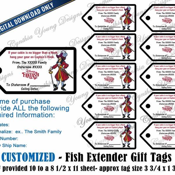 Fish Extender Gift Tags| Customized With YOUR Personal Information| Captain Hook FE Gift Tags| Hook FE Gift Tag | Digital Download