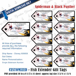 Puede incluir: Etiquetas de regalo personalizadas Fish Extender con Spiderman y Black Panther. Las etiquetas son en blanco y negro con detalles en rojo y azul. Cada etiqueta incluye espacio para personalización e información del camarote. Las etiquetas miden aproximadamente 9.5 x 4.4 cm.