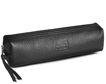 Handmade Black Leather Pencil Case, Minimalist Brush/Makeup Pouch
