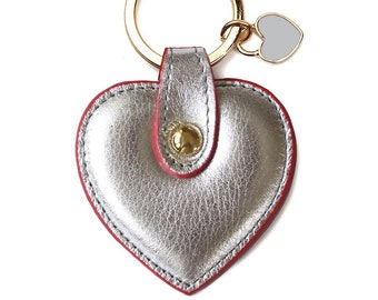 Handmade Leather Keychain | Silver Heart Purse Charm, Gold Key Ring