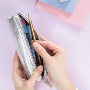 Leather Pencil Case | Silver Leather Pen Pouch | Handmade Pencil Bag | Leather Pouch | School Supplies | Leather Gift | Office Supplies
