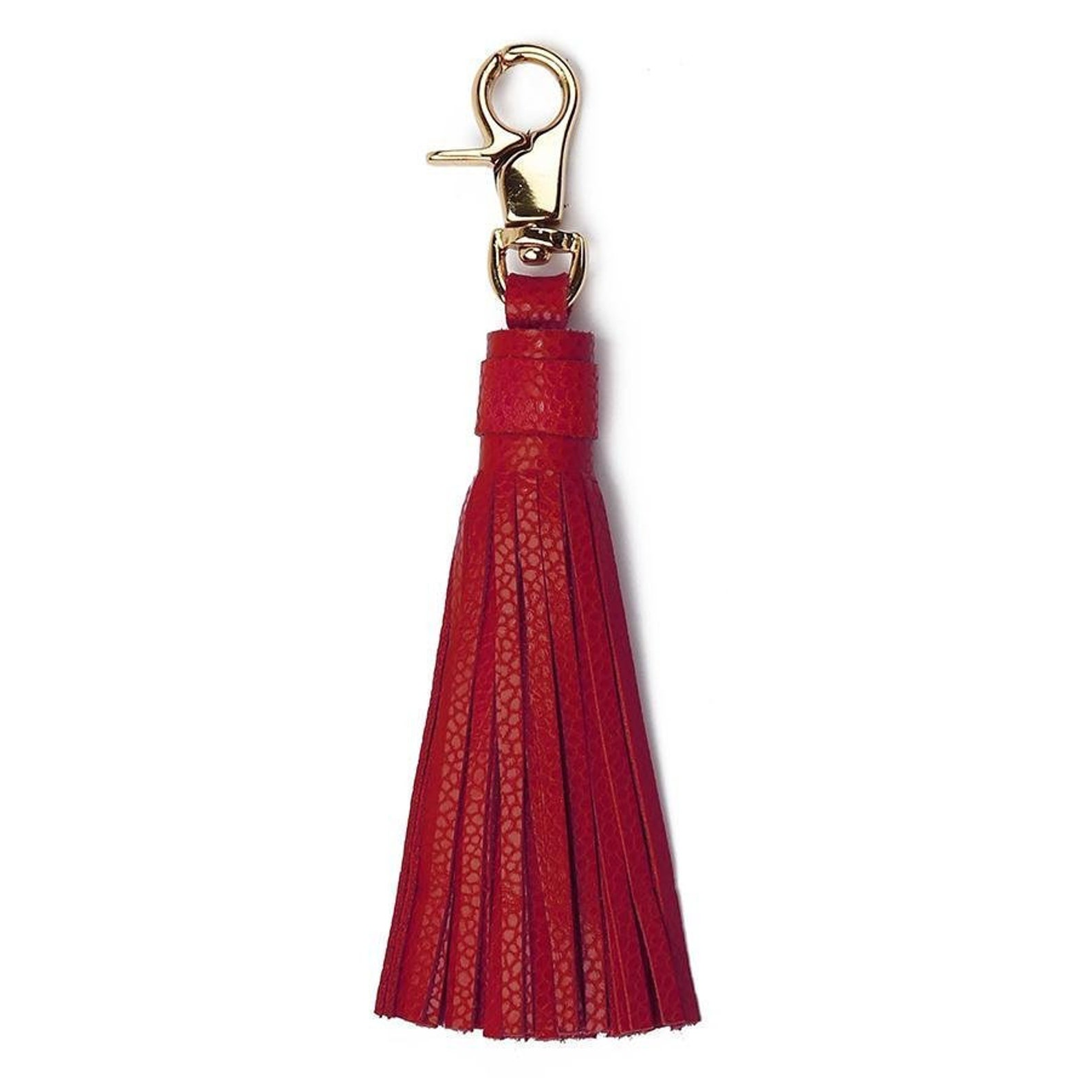 Red Tassel Keychain. Handmade Genuine Leather Brass Tassel Keychain