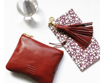Dark Red Leather Coin Pouch, Small Zipper Bag