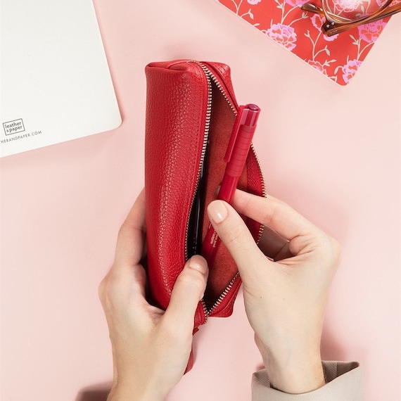 Red leather pencil case cheap