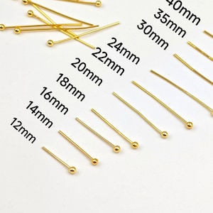 18K Gold Plated Ball Head Pins , 0.6 mm Ball Headpins , Ball End Head Pins, Multiple Size, Pins For Jewelry Making , 100 pcs or more , YB220