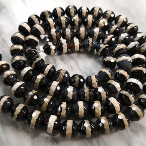8mm 10mm White&Black One line Agate Beads, Tibetan Agate Dzi Beads , White Striped Dzi Agate Beads,  Faceted Round Dzi, 15'' per strd, YB274
