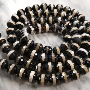 8mm 10mm White&Black One line Agate Beads, Tibetan Agate Dzi Beads , White Striped Dzi Agate Beads,  Faceted Round Dzi, 15&#39;&#39; per strd, YB274