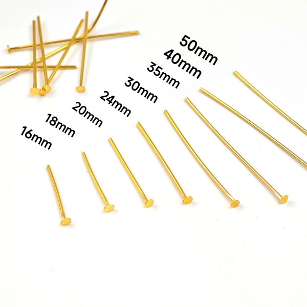 18K Gold Plated T-Pins, 0.6 mm T Headpins , Flat HeadPins , Multiple Size, Flat Top Head Pins, Jewelry Making, 100 pcs or more ,YB223