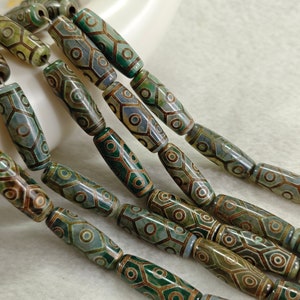 9 Eyes Dzi Beads , Tibetan DZI Agate Oval Beads , 10×30 mm, Tibetan Buddhist Amulet Beads, Antique Green Dzi Beads , 5 pcs or more, YB131