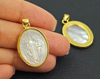 17×25 mm Gold Plated Saint Benedict Charm Pendants, Mother of Pearl St. Benedict Pendants , Natural White MOP, Religious Medals Charms,YB112