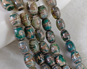 25 pcs Human Pattern Dzi Beads, Big Man Tibetan DZI Agate Barrel Beads, 10 × 14 mm Drum Natural Antique Green & Brown Dzi Agate Beads ,YB326