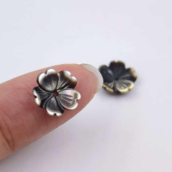 10mm Mother Of Pearl Carved Flower Beads，Exquisite MOP Cap Beads , Black Lip Shell Flower Blossom, Black Carved Sakura ,5 pcs or more ,YB303