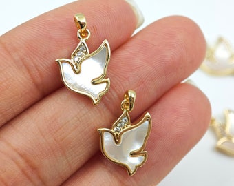 10×14mm Gold Plated Mother Of Pearl Bird Dove Pendant，Natural White MOP Dove Charm，zirconium rhinestones，Necklace Making，2 pcs or more,YB149