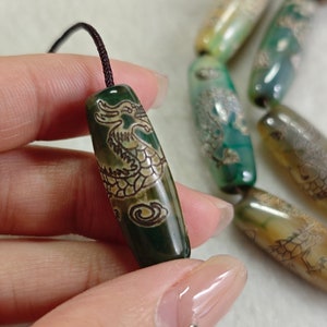 Ancient Green Dragon DZI Agate Beads, 10 × 30mm Tibet Oval Agate  , Oval Green & Brown Barrel Dzi Beads ,Dragon Agate , 5 or 10 pcs  , YB324