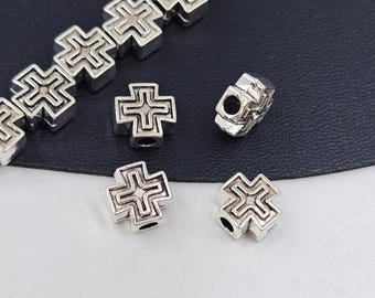Cuentas de cruz de plata antigua de 9 × 9 mm, cuentas de cruz de doble cara, cuentas espaciadoras de metal en forma de cruz, cuentas de metal religiosas, 20 o 40 piezas, YB1076