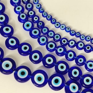 Cuentas de vidrio planas y redondas de color azul marino para mal de ojo, cuentas de ojo griego, cuentas de ojo turco, 14'' por tira, 1 o 3 tiras, YB866
