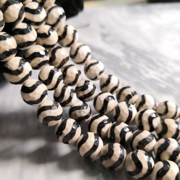 8mm 10mm White & Black Agate Beads, Black Line Agate Faceted Round Beads , Tibetan Striped Dzi Agate,  Wavy Stripe Tibet Agate Beads ,YB267