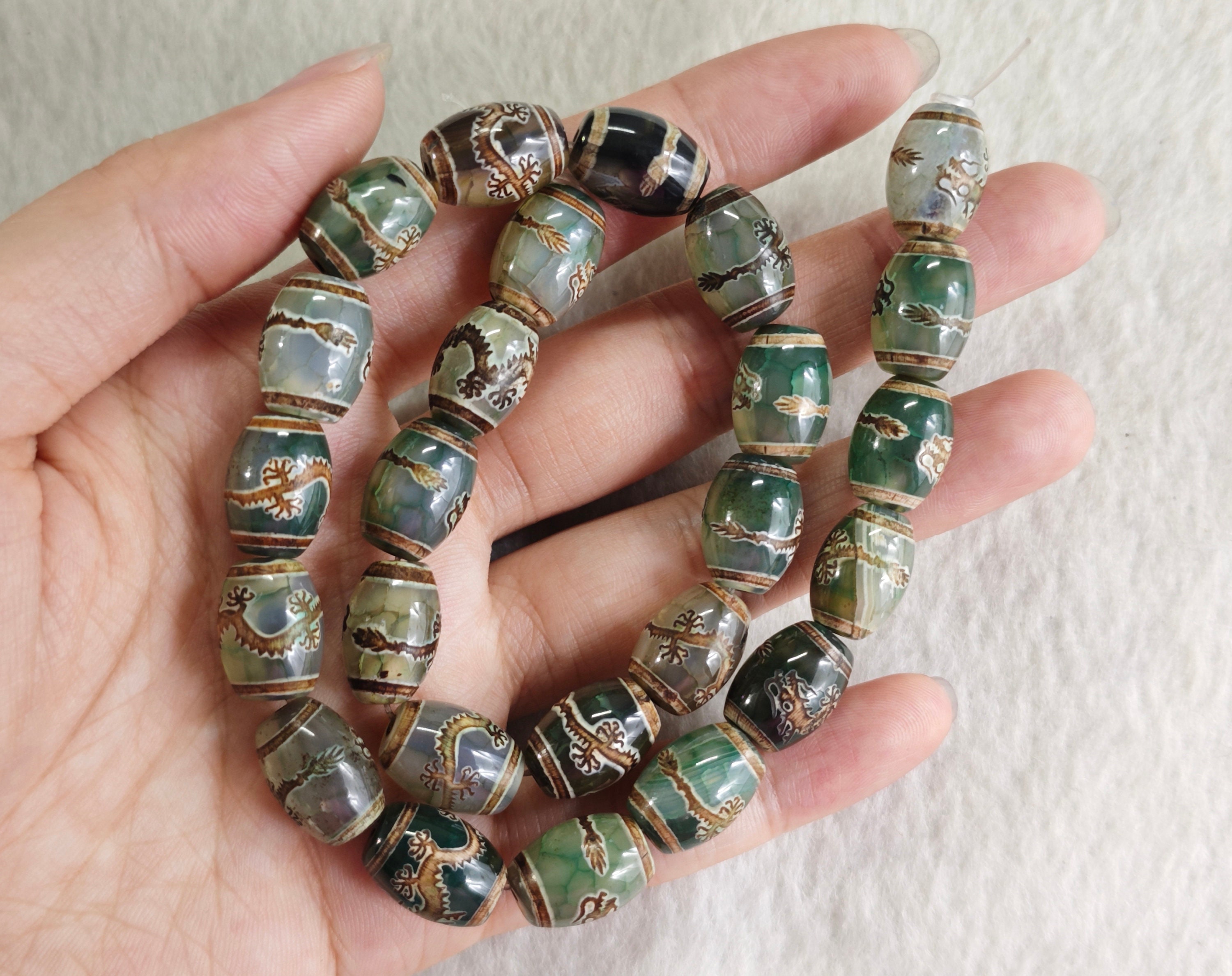 Dragon Dzi Beads, 10 × 14 Mm Tibetan Dragon Pattern DZI Beads