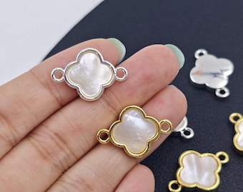 14×21 mm Silver/Gold Plated Clover Charm Connectors , Mother of Pearl Four Leaf Clover Links , White MOP Clover Charms, 2 pcs or more, YB808