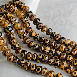 10×14 mm Three Eyes Dzi Beads , Antique Tibetan DZI Agate Beads , Protective Amulet , 35 pcs Nature Black&Brown Agate Rondelle Beads , YB426
