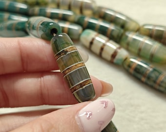 10×30 mm 3 Striped Barrel Agate Beads , 3 Line Tibet agate Beads , beads , Ancient Green & Brown Tibetan Oval Dzi Beads, 5 or 10 pcs, YB1089
