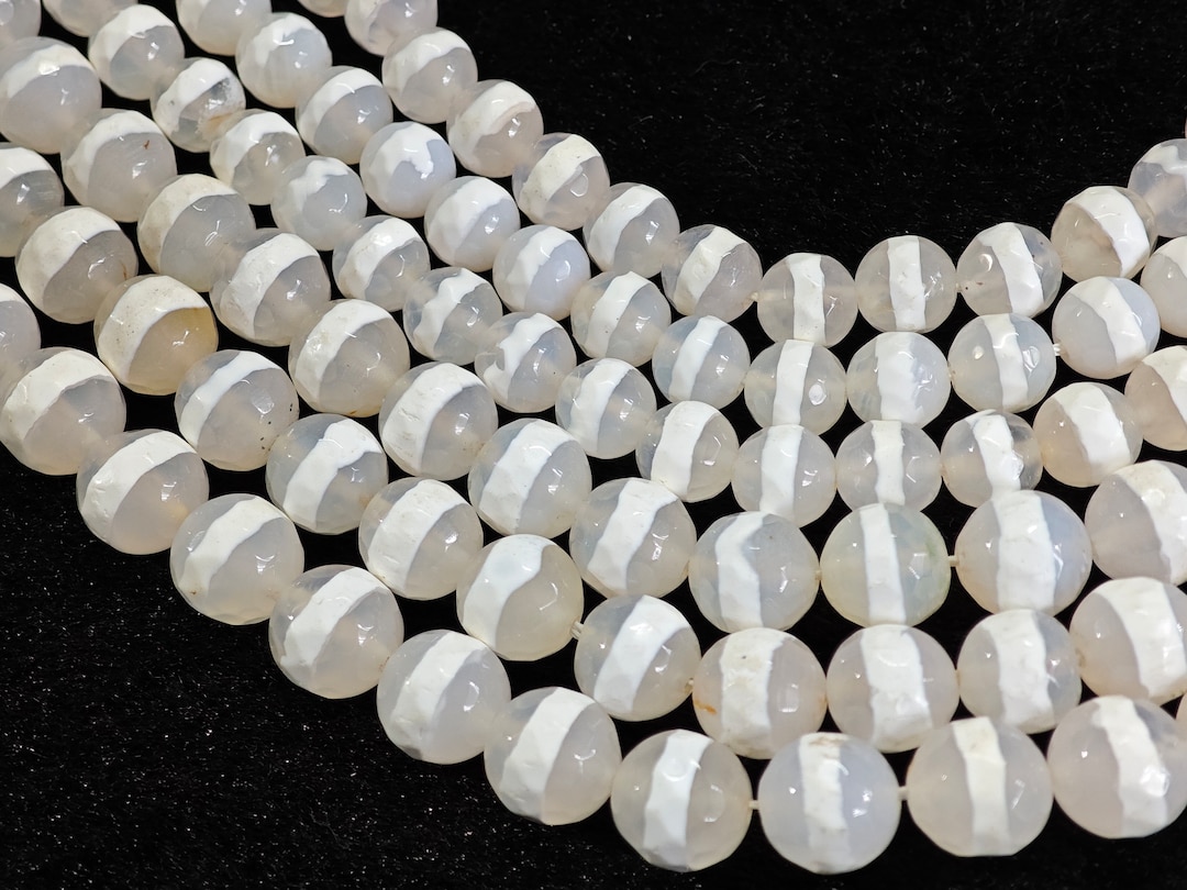 Tibetan Banded Stripe Agate Faceted Round Beads - 6mm, Black & White, For Jewelry Making (15+ Pieces)-635826