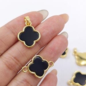 Gold Plated Black Onyx Clover Pendants / Connectors , Black Agate Four Leaf Clover Links , Black Onyx Clover Charms , 2 pcs or more, YB1086