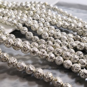 15 Inch Strand 7mm 9mm 11  mm Electroplated Silver Lava Beads , Natural Volcanic Rock Beads , Gemstone Beads Supplies , Lava Beads Wholesale