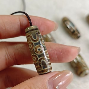 7 Eyes Dzi Beads, Tibetan DZI Agate Oval Beads , 10×30 mm, Tibetan Amulet Beads , Ancient Green & Brown Eye Agate , 5 pcs or more ,YB364