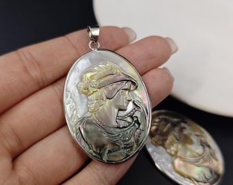 32×44 mm Black Lip Shell Cameo Pendant , Black MOP Oval Cameo Pendant , Lady Portrait Cameo Pendant , Carved Cameo Charm , for 1 pc , YB1169