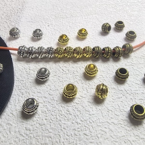Cuentas de tambor talladas con puntos de bronce dorado y plata antigua de 5,5 x 8 mm, 30 piezas de cuentas de barril de plata antigua, cuentas tribales, cuentas estilo Bali, YB1240