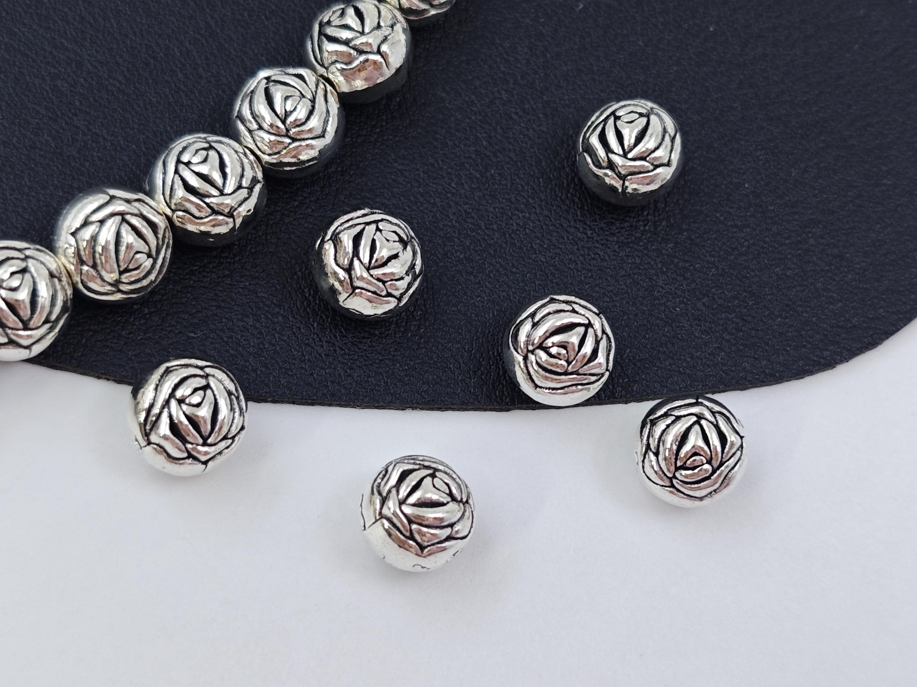 10 mm Antique Silver Rose Beads , 30 PCS  Round Double Sided Rose Beads , Antique Silver Round Rose Spacer Beads, Metal Rose Spacer , YB1163